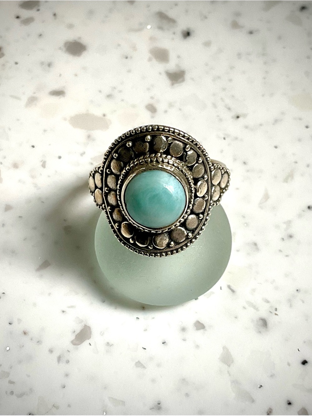 925 Sterling Silver Vintage Boho Larimar Ring - Teal Stone